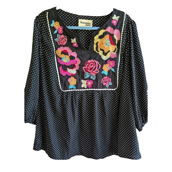 Savanna Jane Tops - Savanna Jane Womens Top 2X Embroidered Floral Flowy Boho Peasant Country Hippie